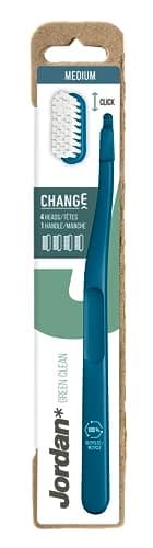 Jordan | Change Green Clean | Eco-Friendly Toothbrush with Recycled Plastic, Bio-Bristles & Replaceable Heads to Reduce Waste | Medium | 1 Handle & 4 Replacement Heads