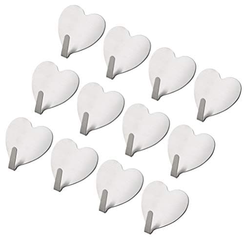 Angoily 12Pcs Heart Shape Stainless Steel Self- Adhesive Wall Hooks, Wall Mounted Towel Coat Hook, Heavy Duty No Drilling Waterproof Sticker Hanger for Scarf, Bag, Towel, Key, Cap, Hat (Silver)