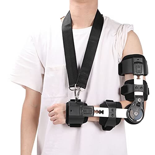 Orthomen Hinged ROM Elbow Brace, Adjustable Post OP Elbow Brace Stabilizer Splint Arm Injury Recovery Support, Hinged Adjustable Elbow Brace with Sling(Left)