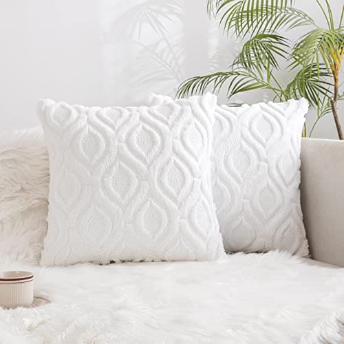 MIULEE Pack of 2 Cushion Cover Wool Round Fluff Throw Pillow Case Super Soft with Plush Home Decoration for Sofa Couch Bed Living Room Office 60x60 cm 24x24 Inch White