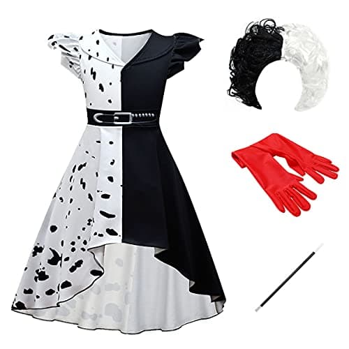 IDOPIP Cruella Deville Costume for Girls 101 Dalmatian Dog Halloween Cosplay Black White Spotted Dress Wig Cigarette Holder Movie Evil Character Fancy Dress up Outfits High Low Dress 9-10 Years