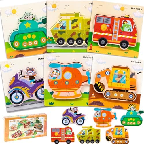 Mikytoper Wooden Puzzle for Toddlers 6 PCS Wooden Puzzles for 1 2 3 Year Old Car/Dinosaur Puzzles Montessori Toys Educational Gifts for Kids (Vehicle)