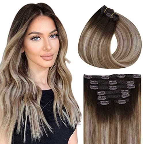 Vivien Clip in Hair Extensions Real Human Hair Balayage Brown Hair Extensions Clip in Darker Brown Ombre to Light Brown Mixed Blonde Human Hair Extensions Clip in Double Weft 7pcs #3/8/22 16 Inch