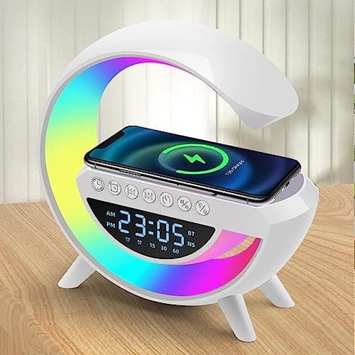 Atmosphere Night Light with Wireless Phone Charging Bluetooth Speaker Effects, Alarm Clock All in One LED Table Lamp for Bedroom, Living Room, Office (BT3401)