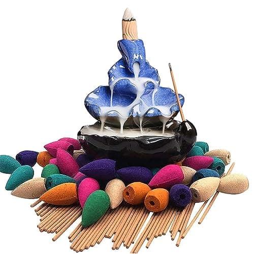 Moylor Ceramic Waterfall Incense Burner Set with 40 pcs Cones and 50 pcs Sticks Incense Handcraft Lotus Pond Censer for Home Aromatherapy
