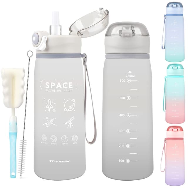 Kids Water Bottle With Straw, 780ml/28oz BPA Free Water Bottle For Kids,Leak Proof Water Jug With Strap For Boys Girls Toddler, Gray Sports Drinking Bottle With Straw Brush, Flask Canteen Bottle