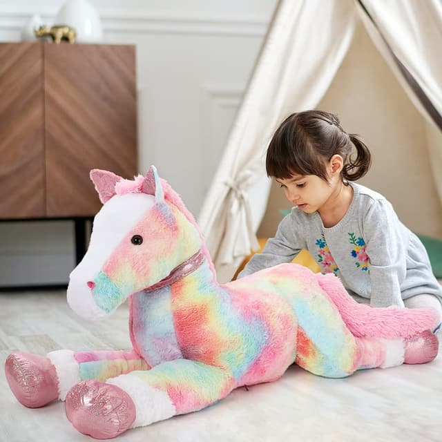 MorisMos Giant Horse Teddy Stuffed Animal, 90cm Big Horse Plush Toy, Rainbow Pink Large Cuddly Pony Furry Toy, Kawaii Soft Horse Toy Gift for Kids Girlfriends Valentines Christmas Decoration