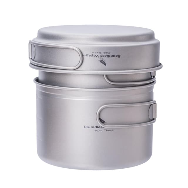 iBasingo Titanium Pot Pan Set Camping Cookware with Folding Handle Outdoor Cup Bowl Frying Pan Ultralight Hiking Picnic Backpacking Kitchen Mess Kit Ti2036C