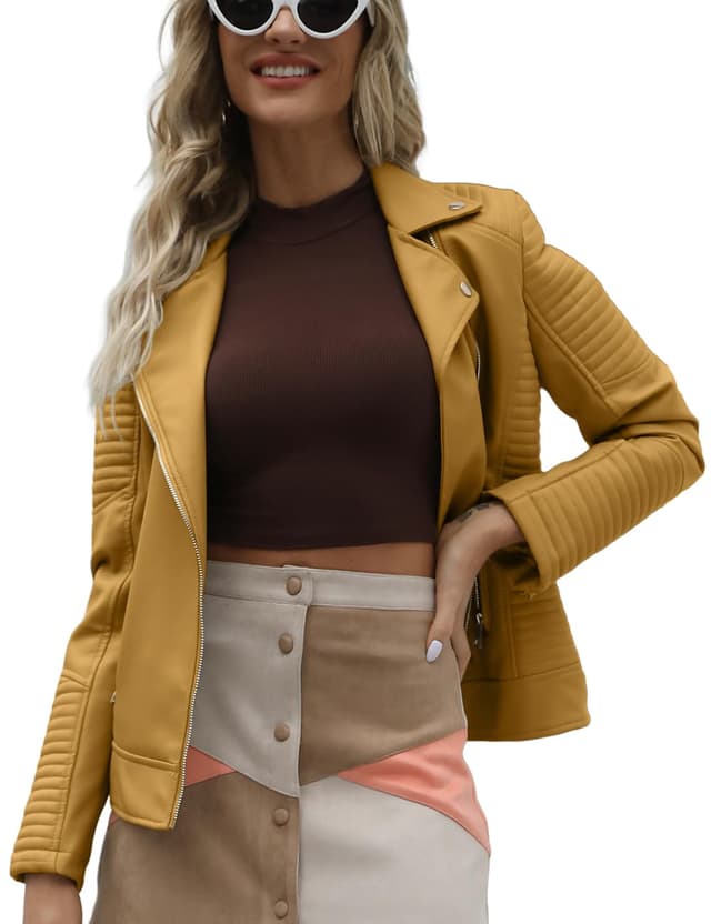 Giolshon Women's Faux Leather Jacket, Zip Up Motorcycle Short PU Moto Biker Coat Fitted Slim Outwear 53 Ginger XXL