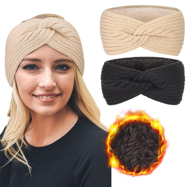 DRESHOW Women Warm Knitted Headband Winter Ear Warmer Crochet Head Wraps Thick Fleece Lining Hair Bands