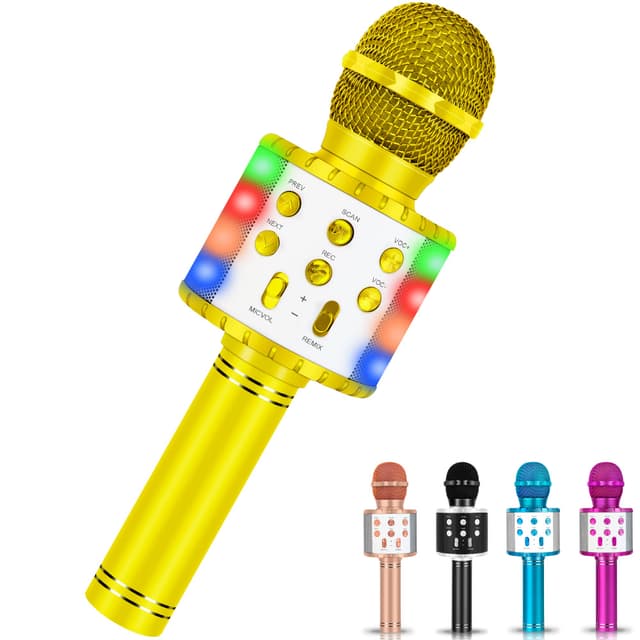 Wireless Microphone Portable Karaoke Machine, 5-in-1 Karaoke Machine Handheld Mic Speaker Player Recorder with Controllable LED Lights, Adjustable Remix FM Radio for Christmas, Birthday, Home Party