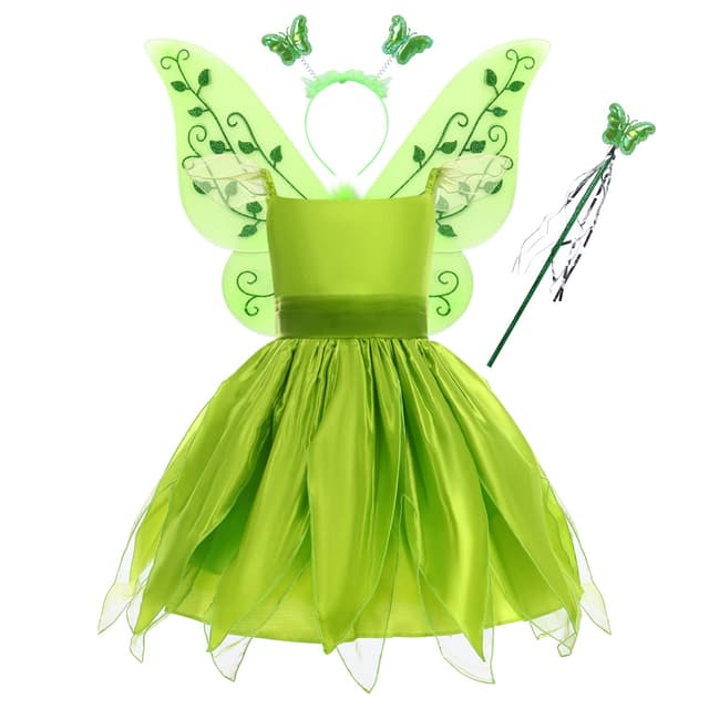 Tinkerbell Costume for Kids, Girls Princess Fancy Dress Up Tulle Dress Green Wings Christmas Halloween Cosplay Carnival Children's Day Birthday Party Prom Ball Gown #Green - Accessories 4-5 Years