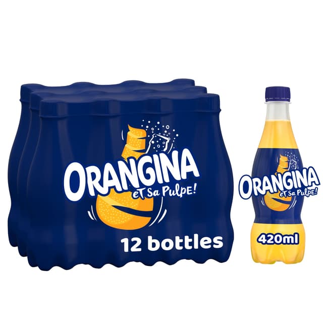 Orangina Sparkling Orange Drink - 12 x 420ml Bottles - Orange Flavour Juice Drink with Real Orange Pulp - Made with Sugar and Sweeteners - No Added Colours - Serve Cold & Enjoy