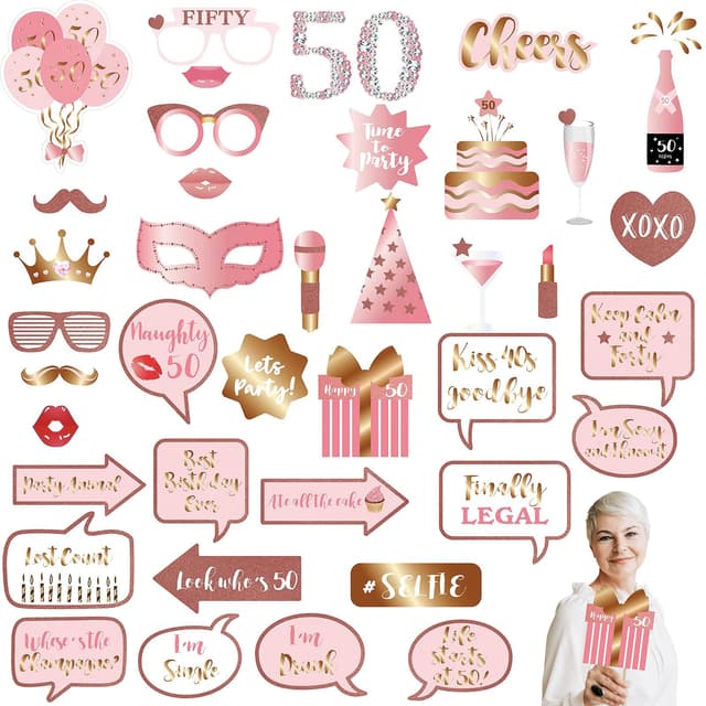 50th Birthday Photo Booth Props Kit,38PCS Rose Gold Photobooth Props,50th Party Props Birthday Party Selfie Props Kit with Sticks for Women,Her,Happy 50th Birthday Party Decorations Supplies Favors