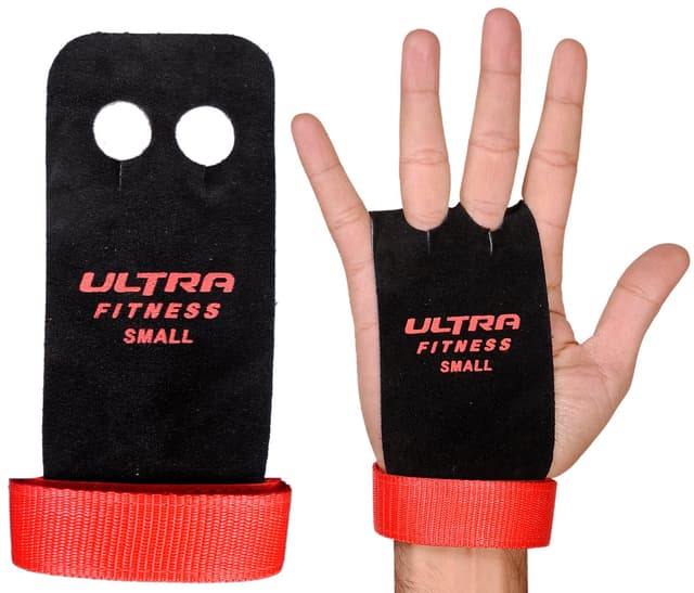 ULTRA FITNESS Leather Grips Gymnastic Palm Protectors Hand Guards Gym Gloves Pull up (Black and Red, M)
